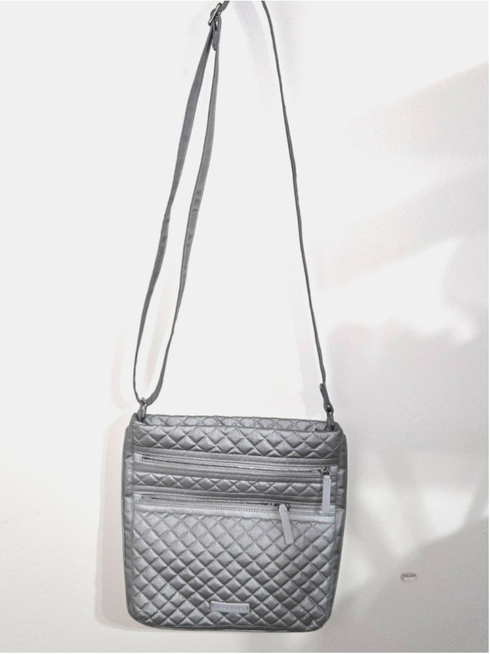 Vera Bradley Quilted Triple Zip Crossbody Hipster Purse Metallic Silver